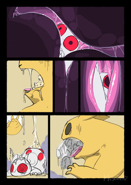 >_< ambiguous_feral ambiguous_gender ambiguous_pred ambiguous_prey back_markings big_eyes bodily_fluids body_in_mouth brown_eyes constricted_pupils dazed duo eyes_closed feral feral_pred feral_prey fully_inside glowing glowing_body in_throat inside_stomach internal larger_ambiguous larger_feral larger_pred lying markings neck_bulge on_front open_mouth oral_vore partially_inside pupils red_eyes red_markings regurgitation saliva size_difference small_pupils smaller_ambiguous smaller_feral soft_vore speech_bubble spiral spiral_eyes sweat sweatdrop tongue vore white_body yellow_body misoden rain_world videocult gourmand_(rain_world) lantern_mouse_(rain_world) mammal rodent slugcat 2023 absurd_res colored comic digital_media_(artwork) hi_res right_to_left signature