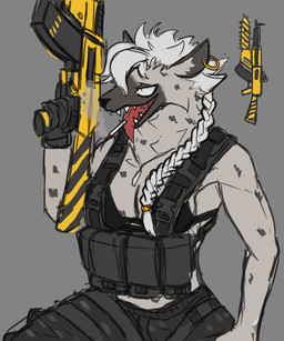 anthro bra braided_hair braided_ponytail breasts cigarette clothed clothing ear_piercing ear_ring female fur grey_body grey_fur gun hair holding_object holding_weapon open_mouth piercing ponytail ranged_weapon rifle ring_piercing simple_background smile solo teeth tongue tongue_out underwear weapon white_hair im51nn5 hyena mammal absurd_res hi_res