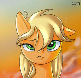 big_eyes blonde_hair bubble cloud drunk drunk_bubble eyebrows female feral freckles front_view fur green_eyes hair looking_at_viewer naughty_face orange_body orange_fur outside raised_eyebrow sky solo substance_intoxication sunset tired skyart301 friendship_is_magic hasbro my_little_pony applejack_(mlp) earth_pony equid equine horse mammal pony 2013 bust_portrait orange_theme portrait warm_colors