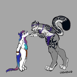 anthro bottomwear bound breasts clothed clothing dominant dominant_female duo female larger_female loincloth loincloth_only male male/female size_difference teasing topless crow0w0 bijou(crow0w0) galacta_(galactakaiju) felid kaiju mammal pantherine snow_leopard 1:1 hi_res