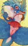 anthro big_breasts blue_body blue_fur blue_hair bottomwear breasts clothed clothing crop_top female fur genitals hair hand_fan holding_fan innie_pussy looking_at_viewer low-angle_view miniskirt no_underwear one_eye_obstructed pussy red_eyes shirt short_tail skirt solo tail topwear under_boob wide_hips wool_(fur) worm's-eye_view cjfurs serenity_(laggyb0i) bovid caprine mammal sheep hi_res