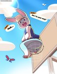 anthro anus balls basketball_hoop bottomless clothed clothing dialogue genitals header header_box looking_at_viewer low-angle_view male open_mouth open_smile paws penis penis_tuck sitting sky smile solo text laundrymom animal_crossing nintendo sasha_(animal_crossing) lagomorph leporid mammal rabbit absurd_res english_text hi_res