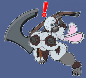 anthro armor belly big_breasts big_butt bikini_armor bottomwear breasts butt clothing female huge_breasts huge_butt hyper hyper_breasts loincloth long_ears solo surprised thick_thighs unconvincing_armor wide_hips greektrebuchet lagomorph mammal hi_res