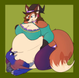 anthro back_wings beak belly belly_smother big_belly big_breasts biped black_clothing black_gloves black_handwear black_hat black_headwear blue_body blue_feathers blue_wings border bottomwear breasts butt_cutout cleavage clothed clothing collar countershade_face countershade_fur countershade_neck countershade_torso countershading cutout cybernetic_wing cybernetics duo ear_piercing eye_contact feathered_wings feathers female female_anthro female_focus fluffy fluffy_tail fox_tail fur furgonomic_headwear furgonomics gloves green_background green_border green_clothing green_topwear handwear hat headgear headwear huge_belly interspecies kneeling larger_anthro larger_female looking_at_another looking_down looking_down_at_partner looking_up_at_partner machine male male/female male_anthro markings o-ring o-ring_collar obese obese_anthro obese_female open_beak open_mouth orange_body orange_fur overweight overweight_anthro overweight_female pants piercing purple_bottomwear purple_clothing purple_collar purple_pants red_body red_feathers red_piercing scuted_hands scutes simple_background sitting sitting_on_another size_difference smaller_anthro smaller_male smothering snout straddling tail tan_body tan_countershading tan_markings topwear wings witch_hat strawberrymilkdog chiara_nowak mochi_(icanhazbrgr) avian bird canid canine fox mammal 2023 hi_res watermark