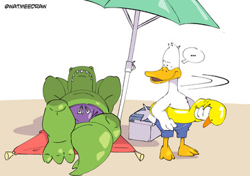 annoyed anthro beach beak belly clothing cooler dialogue dot_eyes duo feathers green_body hands_behind_neck lying lying_on_towel male male/male on_back pool_toy relaxing sand shadow simple_background simple_eyes slightly_chubby speech_bubble standing swimwear text towel turning_around turning_head umbrella white_background white_body white_feathers watmeedraw sitting_ducks aldo_(sitting_ducks) ed_(sitting_ducks) alligator alligatorid anatid anseriform avian bird crocodilian duck reptile scalie english_text hi_res shaded