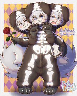 5_fingers anthro blush blush_lines bone claws fingers floppy_ears flower fur group kemono male plant rose_(flower) skull smile tail trio young young_anthro young_male acky05 canid canine canis domestic_dog mammal hi_res