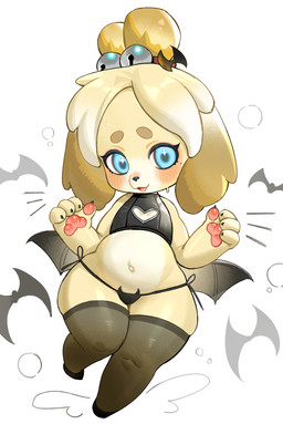 anthro biped blue_eyes blush chibi clothed clothing eyebrows female fingers front_view hair navel pawpads simple_background skimpy solo topwear underwear white_background wings yellow_body jingzhou14848 animal_crossing nintendo isabelle_(animal_crossing) canid canine canis domestic_dog mammal hi_res