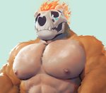 abs anthro biceps blue_blush blush bone fire flaming_hair fur looking_down male muscular muscular_anthro muscular_male nipples orange_body orange_fur pecs pseudo_hair skull skull_head solo tan_body tan_fur episode0006 hyena mammal hi_res