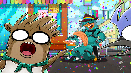 anthro gesture group hand_gesture lgbt_pride male pointing platislut cartoon_network disney lgbt_pride_month phineas_and_ferb regular_show mordecai_(regular_show) perry_the_platypus pj_(platislut) rigby_(regular_show) 16:9 hi_res widescreen father_(lore) father_and_child_(lore) father_and_son_(lore) incest_(lore) parent_(lore) parent_and_child_(lore) parent_and_son_(lore) son_(lore)