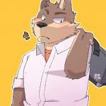 anthro blush clothing humanoid_hands male shirt simple_background solo topwear yellow_background green_bell inakamichi canid canine mammal 1:1 2019