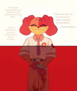 alternate_universe anthro blood blood_on_clothing bodily_fluids clothing eyes_closed holding_knife holding_object knife male self-harm smile solo text ehehe_ngu mob_entertainment poppy_playtime smiling_critters dogday_(poppy_playtime) canid canine canis critters_(poppy_playtime) domestic_dog mammal english_text hi_res