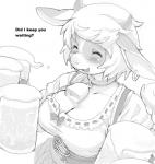 alcohol anthro barmaid beer bell bell_collar beverage big_breasts black_and_white blush bovid bovine breasts cattle cleavage clothed clothing collar cowbell digital_media_(artwork) dirndl ear_piercing english_text eyes_closed female food hair happy heart_symbol horn kemono kikurage mammal monochrome open_mouth piercing ribbons shaded short_hair simple_background slightly_chubby smile solo text translated ushi white_background