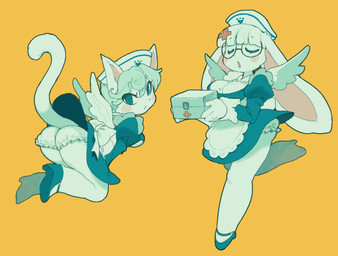 anthro bent_over bloomers blue_eyes blush blush_stickers bottomwear bow_ribbon breasts butt clothing duo eyelashes eyes_closed eyewear female first_aid_kit footprint footwear frilly frilly_bloomers frilly_bottomwear frilly_clothing glasses hat headgear headwear high_heels lace maid_uniform medical_instrument nurse_clothing nurse_hat nurse_headwear open_mouth pawprint presenting presenting_hindquarters raised_leg red_cross round_glasses scientific_instrument shoes simple_background tail uniform wings yellow_background sanjiro domestic_cat felid feline felis lagomorph leporid mammal rabbit hi_res