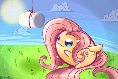ambiguous_gender blue_eyes candy chibi cloud dessert feathered_wings feathers feral food grass hair long_hair marshmallow outside pink_hair plant sky slightly_chubby solo sun wings yellow_body yellow_feathers extradan disney friendship_is_magic gravity_falls hasbro my_little_pony mythology bill_cipher fluttershy_(mlp) equid equine mammal mythological_creature mythological_equine pegasus 2012 3:2 crossover hi_res
