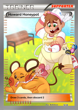 bench blush clothing feathers footwear grass humiliation missing_teeth overalls pacifier plant pokemon_card public public_humiliation running shoes teeth text young young_human bottlebear nintendo pokemon pokemon_tcg dedenne generation_6_pokemon human mammal pokemon_(species) rodent absurd_res english_text hi_res