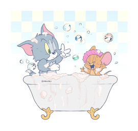 anthro bath bathing bathtub blush blush_lines bubble claw_foot_bathtub duo eyes_closed happy looking_at_another male one_eye_closed simple_background smile atori metro-goldwyn-mayer tom_and_jerry jerry_mouse thomas_cat domestic_cat felid feline felis house_mouse mammal mouse murid murine rodent tuxedo_cat