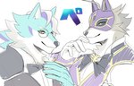 anthro blue_body blue_eyes blue_fur bow_tie clothing duo eyewear fur glasses gloves grey_body grey_fur handwear male mask pecs phantom_thief smile yellow_eyes izm_rm7 lifewonders live_a_hero esperdica vulpecula canid canine canis fox mammal wolf hi_res