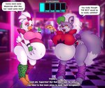 anthro belly big_belly big_breasts bloated breasts butt clothed clothing dialogue duo eating female food grey_body navel pizza speech_bubble stuffing text tongue tongue_out weight_gain weight_gain_drive white_body stunnerpony five_nights_at_freddy's five_nights_at_freddy's:_security_breach scottgames steel_wool_studios glamrock_chica roxanne_wolf avian bird canid canine canis chicken galliform gallus_(genus) mammal phasianid wolf 2022 english_text hi_res