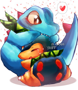 accessory_only big_eyes bite black_eyes blue_body blue_fur blue_tail bodily_fluids crying cute_fangs daww duo eyes_closed fangs feral fur green_kerchief head_bite heart_symbol kerchief kerchief_only male male/male male_feral neck_accessory neckwear neckwear_only onomatopoeia petals simple_background sitting sound_effects tail tan_body tan_fur tears teeth text white_background young young_feral young_male felipotyphlosion nintendo pokemon pokemon_mystery_dungeon spike_chunsoft cyndaquil generation_2_pokemon pokemon_(species) totodile hi_res