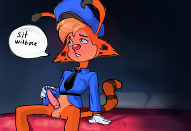 accessory animal_genitalia animal_penis balls clothing genitals male necktie open_mouth orange_body penis police police_uniform shy solo tail text uniform hecreat bonkers_(series) felid feline humanoid lynx mammal absurd_res hi_res tagme