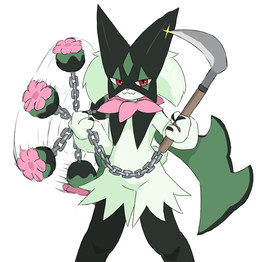 3_fingers ambiguous_gender anthro claws featureless_crotch fingers flat_chested fur green_body green_fur green_hair hair holding_object holding_weapon motion_lines red_eyes simple_background solo tail weapon ylit nintendo pokemon felid feline generation_9_pokemon mammal meowscarada pokemon_(species) 2026