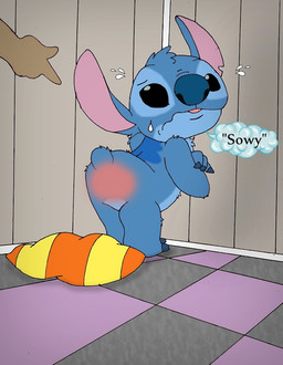 after_spanking anthro blue_body blue_fur bodily_fluids butt dialogue duo fur male monobutt notched_ear reddened_butt solo_focus speech_bubble tears text nelson88 disney lilo_and_stitch stitch_(lilo_and_stitch) alien experiment_(lilo_and_stitch) broken_language english_text