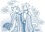 anthro armor cloak clothed clothing dialogue duo eye_scar facial_scar female greeting hand_on_shoulder looking_back male nervous open_mouth open_smile pauldron scar simple_background smile text white_background conditional_dnp tom_fischbach twokinds laura_(twokinds) nickolai_alaric basitin canid canine fox keidran mammal red_fox true_fox 2022 adobe_photoshop_(artwork) blue_and_white digital_media_(artwork) english_text hi_res monochrome sketch