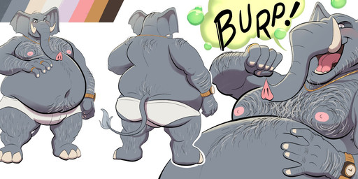anthro arm_hair belly belly_hair big_belly body_hair briefs bulge burping butt chest_hair clock clothing grey_body leg_hair male mature_male obese obese_male open_mouth overweight overweight_male solo tongue tusks underwear watch 13uckaroo elephant elephantid mammal proboscidean hi_res model_sheet