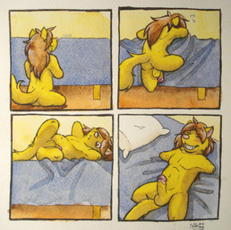 4_missing_limbs amputee anthro balls bed blush brown_eyes brown_hair butt disability fur furniture genitals hair lying male nude on_back penis quadruple_amputee solo yellow_body yellow_fur armeddillo linus_(armeddillo) canid canine mammal hi_res traditional_media_(artwork)