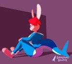 3_toes anthro barefoot breasts clothing feet female hair looking_at_viewer onesie red_hair sitting smile solo toes senshellshark lacey_(senshell) lagomorph leporid mammal rabbit 2023 3d_(artwork) absurd_res digital_media_(artwork) hi_res