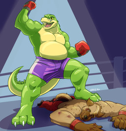 belly bottomwear boxing boxing_gloves boxing_shorts bruised clothing handwear low-angle_view male muscular purple_bottomwear purple_clothing purple_shorts ring shorts sport standing_on_another stepped_on yarem4 brok_the_investigator cowcat_games brok_(brok_the_investigator) crocodile crocodilian hyena mammal reptile scalie spotted_hyena hi_res