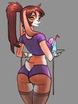 anthro bottomwear butt clothing female holding_object hotpants legwear looking_at_viewer rear_view shorts simple_background solo stockings teeth rima_kalthaib lagomorph leporid mammal rabbit absurd_res hi_res