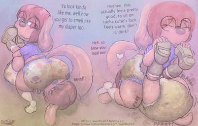 anthro aroused bodily_fluids boots butt butt_focus clothing cum cum_in_diaper diaper diaper_butt diaper_humping dominant dominant_male duo ear_piercing ear_ring eyewear facesitting facesitting_in_diaper fart feces floppy_ears footwear genital_fluids glasses holding_feet male male/male piercing pooping ring_piercing shoes sitting_on_another socks soiled_diaper soiling soiling_diaper submissive submissive_male tenting text thick_thighs unclean_diaper urine used_diaper using_diaper wet_diaper young young_anthro overflo207 flo_(overflo207) canid canine canis domestic_dog mammal english_text hi_res url