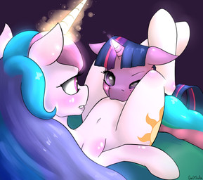 bite biting_lip biting_own_lip blue_hair blush chokehold crossed_legs cunnilingus cutie_mark duo female female/female feral fur genitals hair half-closed_eyes headlock hooves horn lips magic multicolored_hair narrowed_eyes navel open_mouth oral purple_body purple_fur purple_hair self_bite sex simple_background teeth two_tone_hair vaginal vulva white_body white_fur anchors_art_studio friendship_is_magic hasbro my_little_pony mythology princess_celestia_(mlp) twilight_sparkle_(mlp) equid equine mammal mythological_creature mythological_equine unicorn