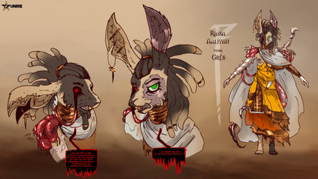 anthro body_horror dagger dialogue ear_piercing female fur gold_(metal) horizontal_pupils mastectomy_scar melee_weapon multicolored_body multicolored_fur piercing pupils scar solo sword two_tone_body two_tone_fur weapon tyunre ombrelune raisa_vharr_gres lagomorph mammal tick_(arachnid) absurd_res hi_res model_sheet sketch