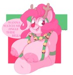 anthro bell bell_harness belly big_breasts breasts fake_antlers fake_horns female harness heart_eyes heart_symbol huge_breasts jingle_bell jingle_bell_harness open_mouth open_smile overweight overweight_female reindeer_antlers smile solo freezietype friendship_is_magic hasbro my_little_pony pinkie_pie_(mlp) equid equine horse mammal absurd_res hi_res