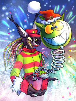 anthro christmas_clothing christmas_headwear claws clothing dreadlocks fireworks fur glowing glowing_tongue hat headgear headwear holidays male medic_cross multicolored_body multicolored_fur pattern_clothing pseudo_hair red_nose santa_hat scarf solo striped_clothing stripes sweater teeth tentacle_hair tentacles tongue topwear kitcore christmas halley_labs lapfox_trax canid canine fox mammal absurd_res hi_res