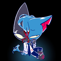 3_toes ambiguous_gender anthro bedroom_eyes blood blood_on_face blue_body blue_fur blush bodily_fluids clothed clothing feet fur grey_body grey_fur half-closed_eyes humanoid_hands narrowed_eyes open_clothing open_shirt open_topwear pawpads paws seductive shirt solo suggestive_look tail tail_motion tailwag toes topwear tuft yellow_eyes batshaped hello_from_halo_head achilles_(hello_from_halo_head) domestic_cat felid feline felis mammal 1:1 male_(lore)