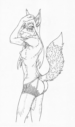 anthro areola armlet biped breasts butt cheek_tuft christian_cross christian_symbol claws clothing cross crucifix dipstick_tail ear_piercing ear_ring eyebrows eyewear facial_tuft female glasses hair hand_on_own_head inner_ear_fluff lace lace_panties lingerie long_hair looking_at_viewer markings nipples panties piercing pose raised_tail religion religious_symbol ring_piercing side_view simple_background small_breasts solo standing tail tail_markings tuft underwear white_background coyotek christianity constance_jotkowska_(coyotek) canid canine canis coyote mammal 2021 hi_res line_art monochrome sketch