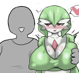 big_breasts blush breast_grab breasts cleavage clothed clothing duo female glistening glistening_body green_body hand_on_breast male male/female nipple_outline not_furry red_eyes simple_background smile white_background white_body enigi09 nintendo pokemon anon gardevoir generation_3_pokemon human humanoid mammal pokemon_(species)