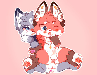 anal anal_penetration anthro balls blue_eyes duo fluffy fur genitals grey_body grey_fur land male male/male penetration penis white_body young young_anthro young_on_young kris_(artist) canid canine canis fox mammal wolf hi_res