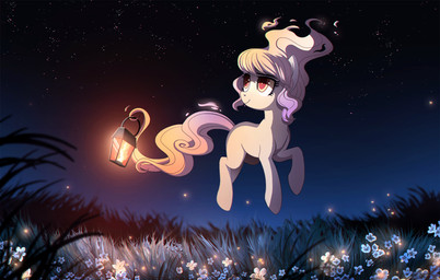 female feral grass hair hooves lamp lantern night outside plant red_eyes sky smile solo star starry_sky ruhje hasbro my_little_pony fan_character