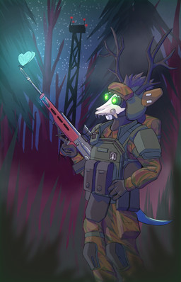 4_fingers ambiguous_gender anthro antlers armor backpack blurred_foreground body_armor camo camo_clothing camo_print clothed clothing duo electronics feral fingers forest furgonomic_headwear furgonomics gloves glowing glowing_eyes glowing_wings grass gun handwear headgear helmet holding_gun holding_object holding_ranged_weapon holding_rifle holding_weapon horn knee_pads larger_anthro laser_sight night night_vision_goggles outside pattern_clothing plant ranged_weapon rifle size_difference skull_helmet sky smaller_feral standing star starry_sky tail tapering_tail tree trigger_discipline walkie-talkie weapon wings permaclot project_silverfish arthropod butterfly inheritor insect lepidopteran lizard reptile scalie 2026 hi_res
