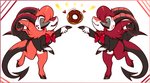 2_horns anthro clothed clothing cloven_hooves dessert doughnut duo eyes_closed food fur hair hooves horn male necktie pastry pink_body pink_fur pink_hair red_body red_fur red_hair suit teeth wings esmeia hazbin_hotel dazzle_(hazbin_hotel) razzle_(hazbin_hotel) bovid caprine demon goat mammal