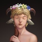 animal_ears blonde_hair caressing caressing_neck duo eyes_closed flower flower_crown freckles goat_ears hair horn male plant solo_focus wreath young vival saffi_kyrius bovid caprine goat human humanoid hybrid mammal satyr 1:1 absurd_res colored digital_media_(artwork) hi_res portrait signature