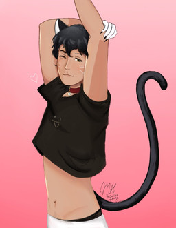 black_body black_claws black_clothing black_fur black_hair black_shirt black_topwear black_underwear bottomwear claws clothed clothing collar finger_claws fur gloves hair half-closed_eyes handwear heart_symbol looking_at_viewer male midriff narrowed_eyes one_eye_closed pants pink_background pupils raised_clothing raised_shirt raised_topwear red_collar shirt simple_background smile solo stretching topwear underwear whiskers white_bottomwear white_clothing white_gloves white_handwear white_pants yellow_eyes peculiarfangs date_everything timothy_timepiece animal_humanoid cat_humanoid felid felid_humanoid feline feline_humanoid humanoid mammal mammal_humanoid 2025 hi_res