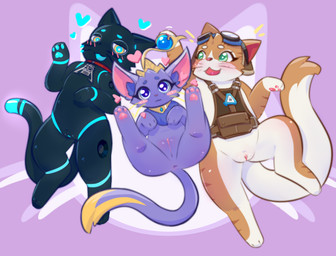 anthro blue_eyes eyewear female genitals goggles group heart_symbol light_pussy pilot_hat raised_leg spread_legs spreading tail vulva ninebuttom blizzard_entertainment hi-fi_rush league_of_legends microsoft overwatch riot_games tango_gameworks tencent 808_(hi-fi_rush) fika_(overwatch) yuumi_(lol) domestic_cat felid feline felis mammal
