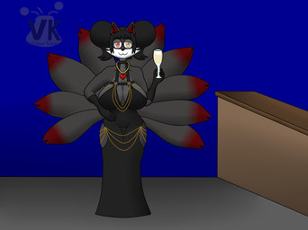 9_tails alcohol anthro beverage black_body black_fur champagne clothing dress ear_piercing eyewear female fur glasses gloves grey_inner_fur handwear heterochromia jewelry multi_tail necklace piercing solo tail twintails_(hairstyle) volcano-kaiser asian_mythology east_asian_mythology hollow_hip_backless_chain_dress korean_mythology mythology hwasan_(volcano-kaiser) canid canine kumiho mammal mythological_canine mythological_creature mythological_fox hi_res
