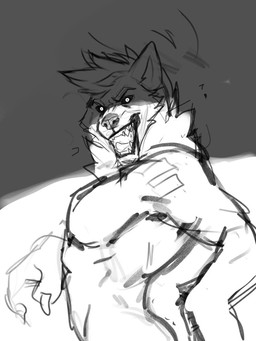 anthro cheek_tuft facial_tuft fangs hair male male_anthro neck_tuft nude open_mouth pecs short_hair side_view simple_background solo standing teeth tuft solaxe_(artist) canid canine mammal 3:4 half-length_portrait hi_res monochrome portrait
