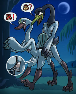 anthro anthrofied anus areola avian_feet balls beak bent_over bodily_fluids breasts butt digitigrade duo erection feathers feet female female_penetrated fingers from_behind_position genital_fluids genitals humanoid_genitalia humanoid_penis infidelity long_neck male male/female male_penetrating male_penetrating_female moon navel night nipples nude open_beak open_mouth outdoor_nudity outside outside_sex pecs penetration penile penile_penetration penis plant plantigrade rear_view sex smile soles speech_bubble standing standing_sex tail tail_feathers toes tree vaginal vaginal_penetration vulva bassybefuddle conditional_dnp dreamworks kung_fu_panda the_swan_princess master_crane prince_derek princess_odette anatid anseriform anserine avian bird black-necked_crane crane_(bird) gruiform grus_(genus) swan digital_media_(artwork) hi_res